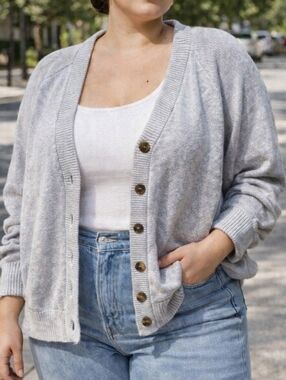 Aritzia TNA Gray Knit Cardigan Button Front Cotton Blend Cozy Slouchy Minimalist